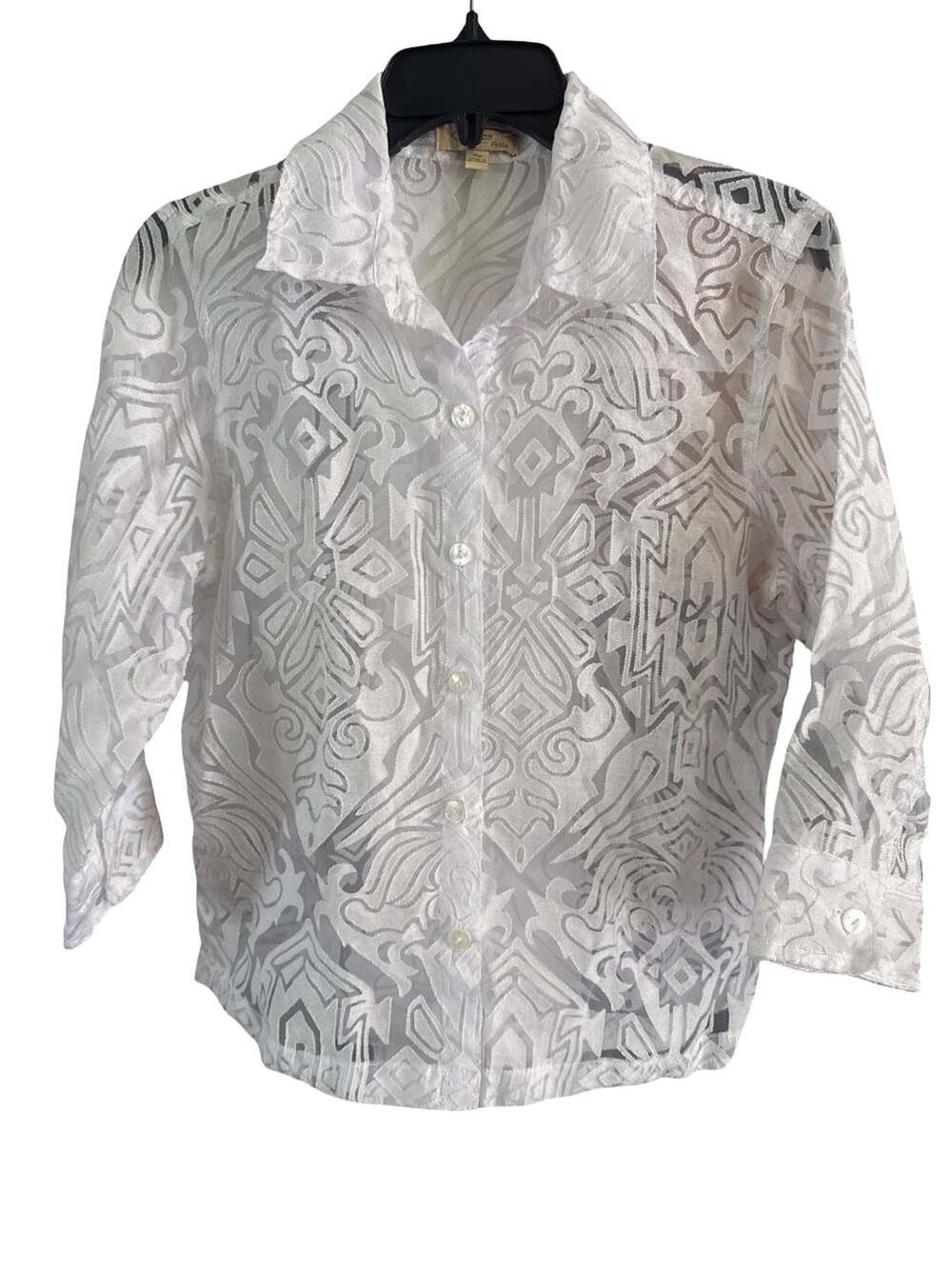 Choices Petite Button Down Shirt Size PM White Sheer Abstract
